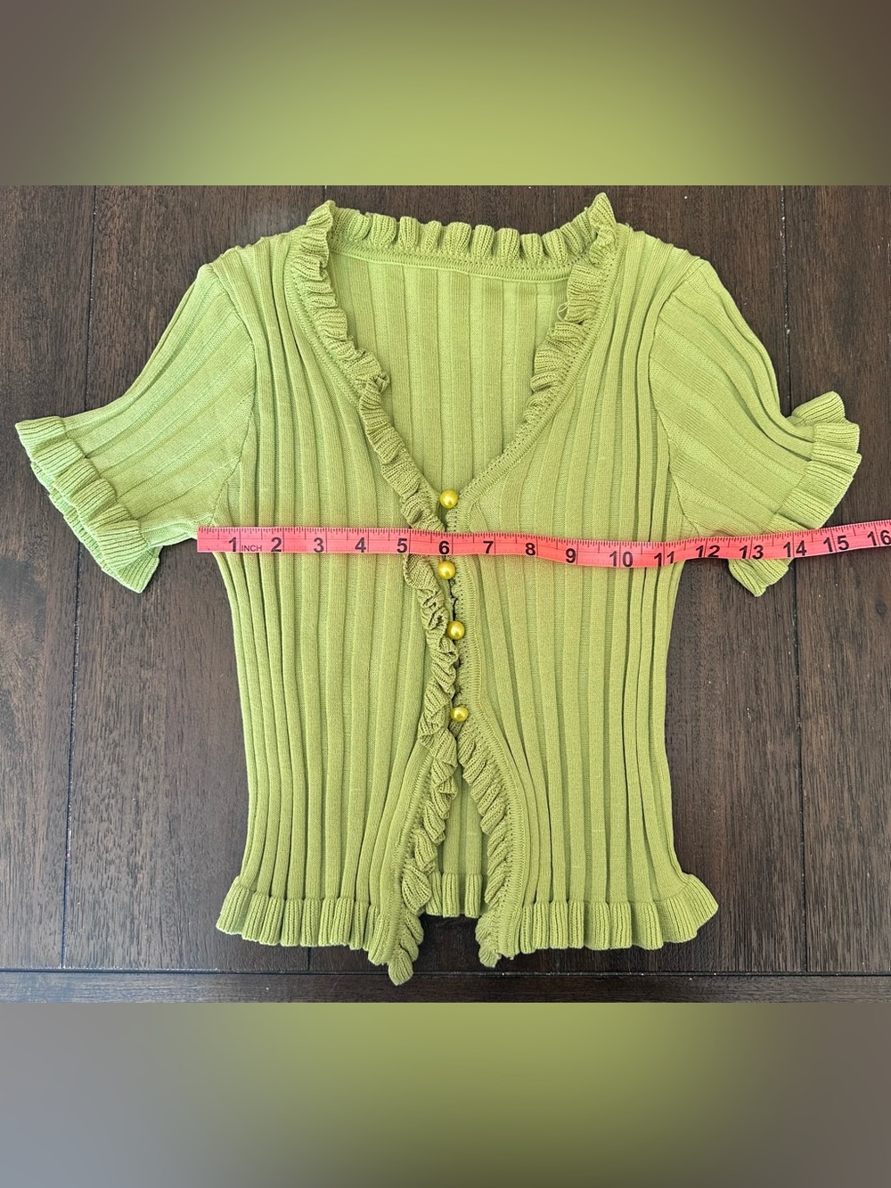 Chartreuse Ribbed Knit Ruffle Trim Top | Y2K Fairycore - Picture 2 of 4